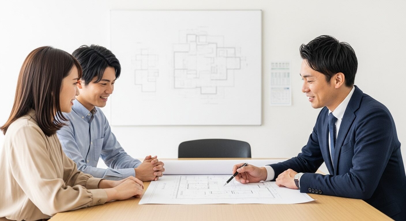 家づくりのプロである工務店のスタッフが、V2Hを含む最適なプランをお客様に提案している打ち合わせ風景