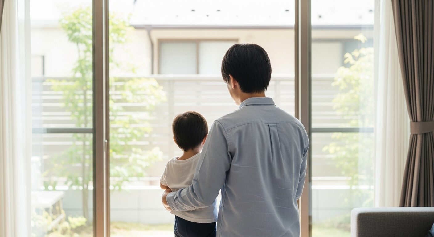 V2Hを導入した新しい家のリビングから、小さな庭を眺めながら豊かな時間を過ごす親子。安心で快適な暮らしを象-徴する一枚。