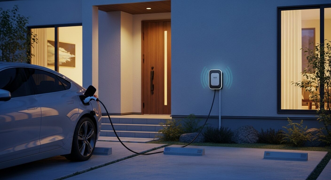 V2Hのある暮らしのイメージ。夕暮れ時、自宅の駐車場で電気自動車(EV)が壁に設置されたV2H機器とケーブルで接続されている日常の風景