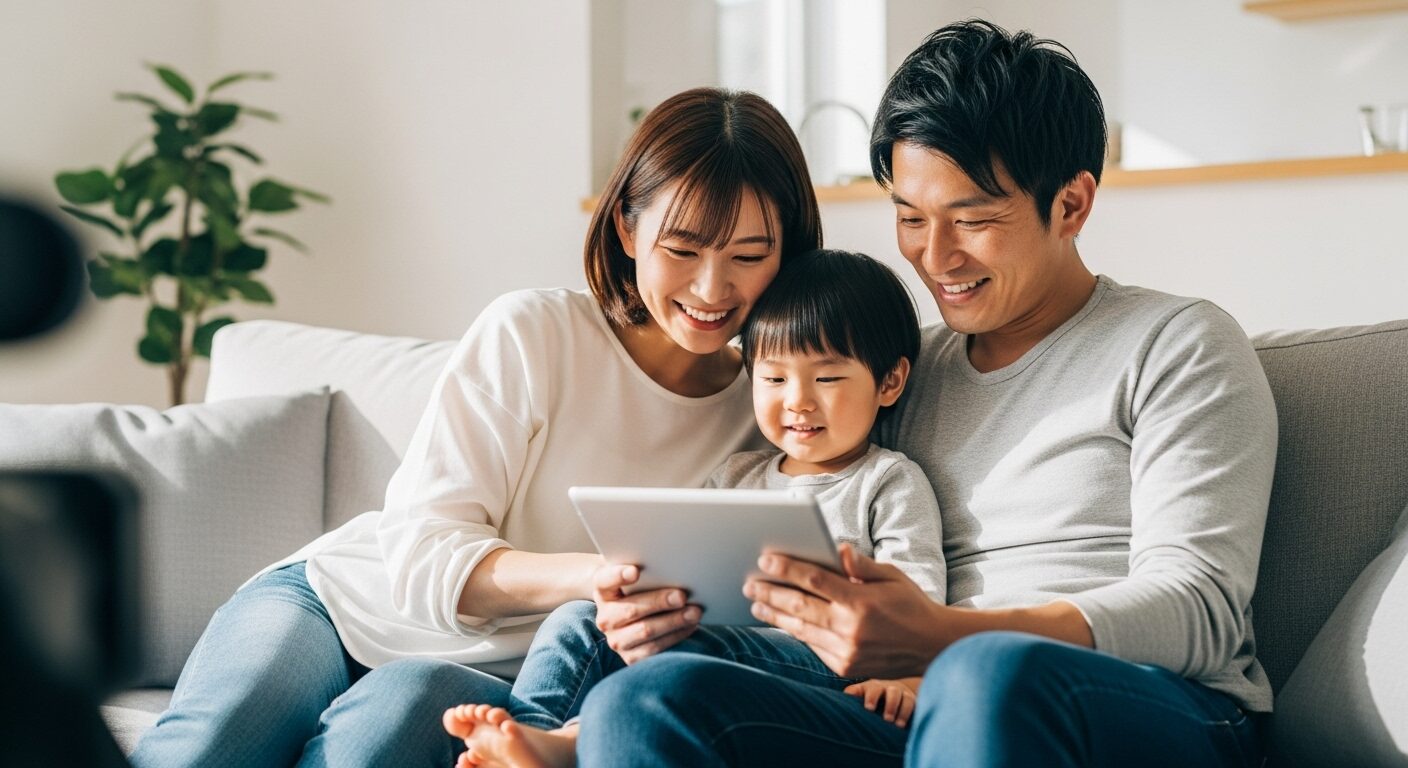 V2Hを導入した家のリビングで、家族団らんの時間を過ごす様子。タブレットを一緒に見ながら微笑む家族