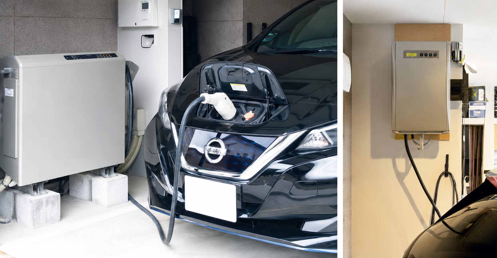 蓄電池システムやV2Hの機器、EVに給電している写真