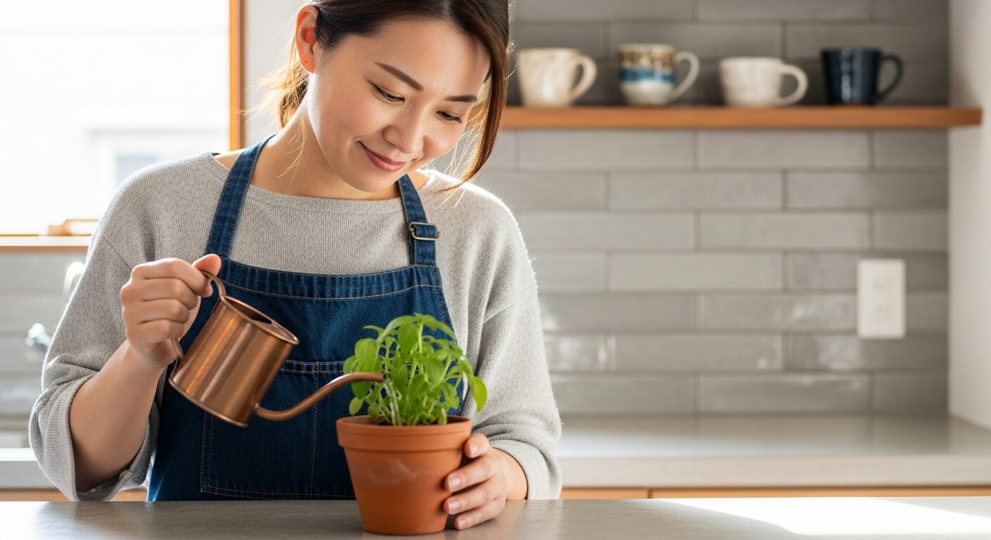 リノベーションでこだわったお気に入りのキッチンで、女性がハーブに水をやりながら、満足そうな表情を浮かべているリアルな暮らしの一場面。