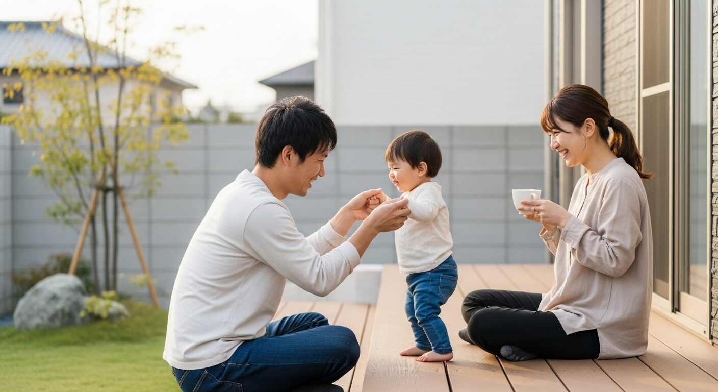 マイホームのウッドデッキでくつろぐ家族。持ち家がもたらす豊かな暮らしのイメージ