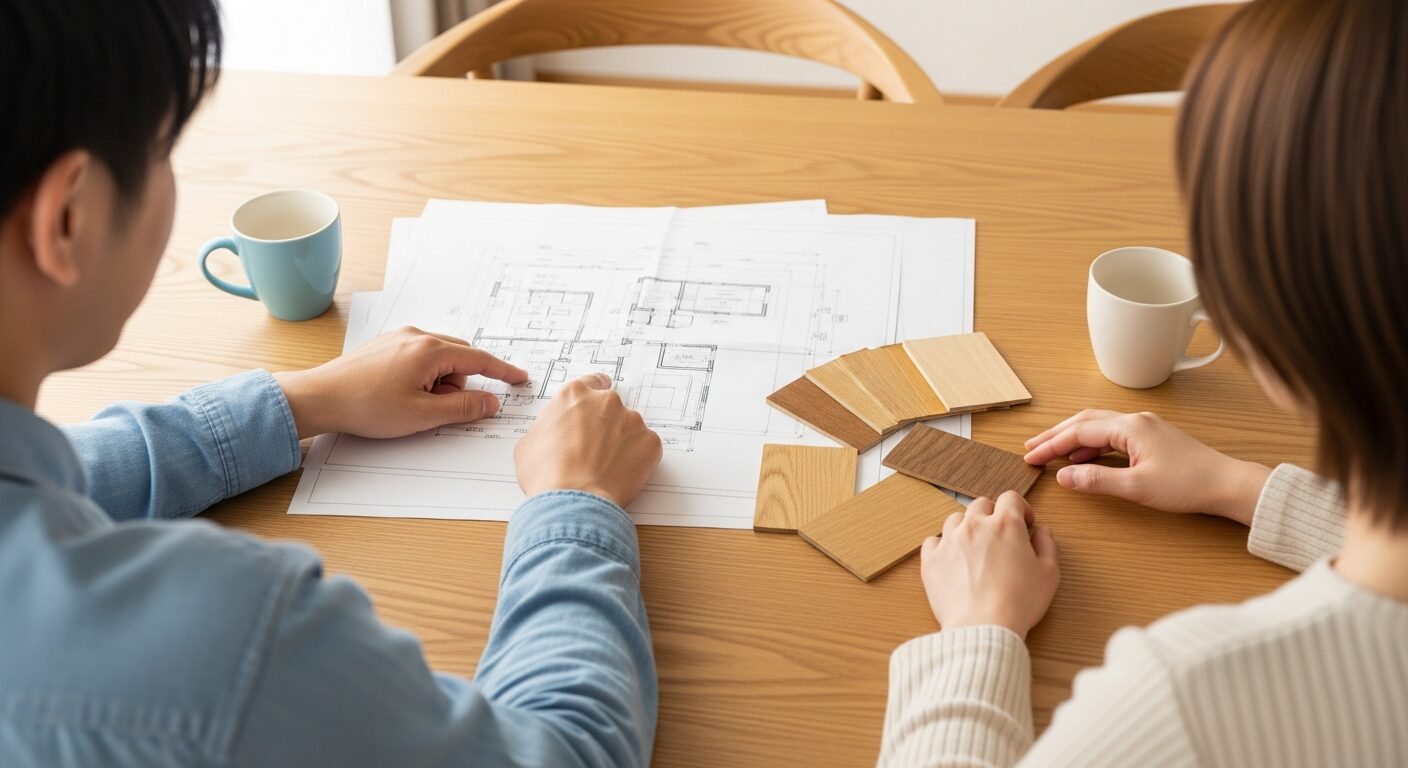 若い夫婦が木のテーブルで家の間取り図を見ながら、楽しそうに家づくりの相談をしている様子の画像。