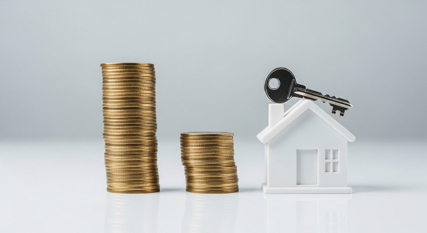 高さの違う2つのコインのタワー。賃貸と持ち家の生涯コストの差を象-徴的に表現