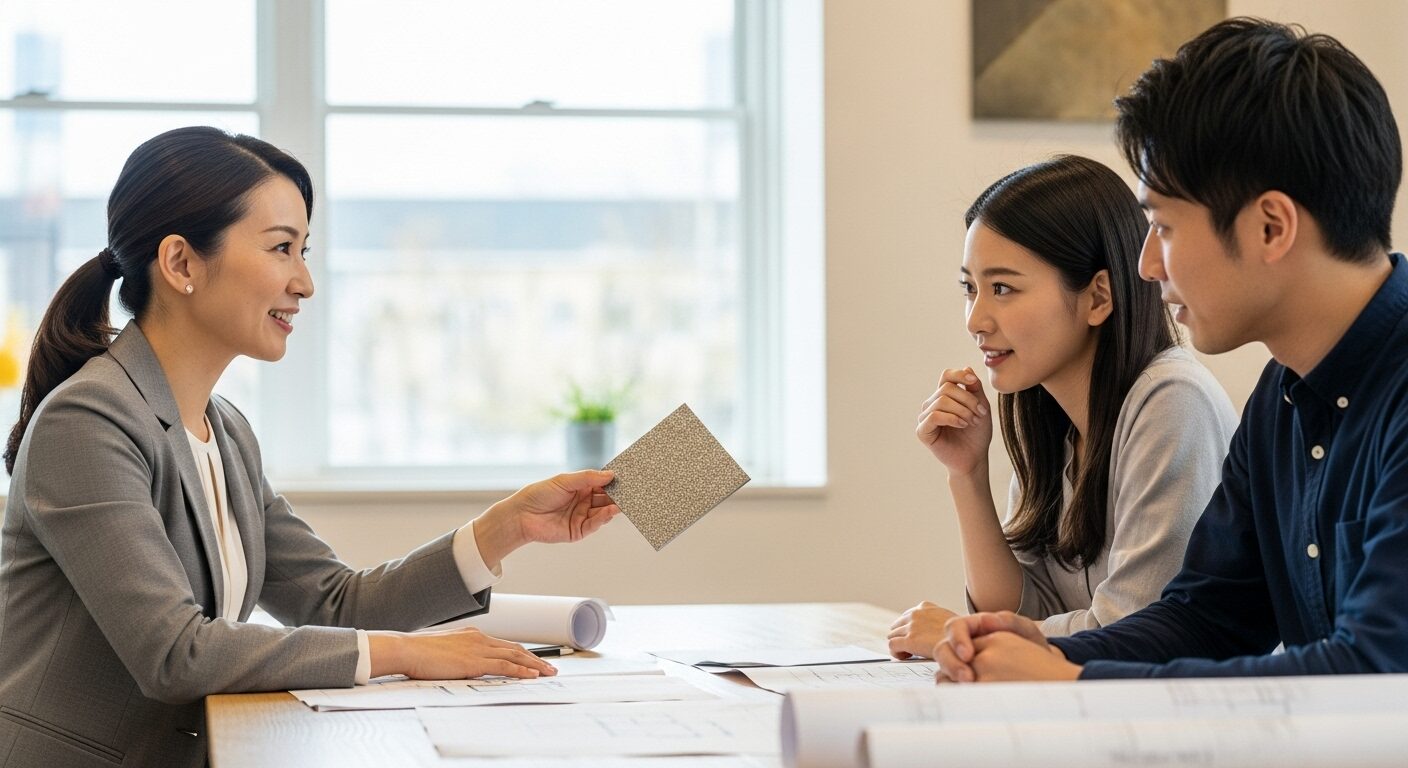 マグネットウォールの計画で後悔しないために、建築士と打ち合わせで下地や仕上げ材のサンプルを確認する夫婦。