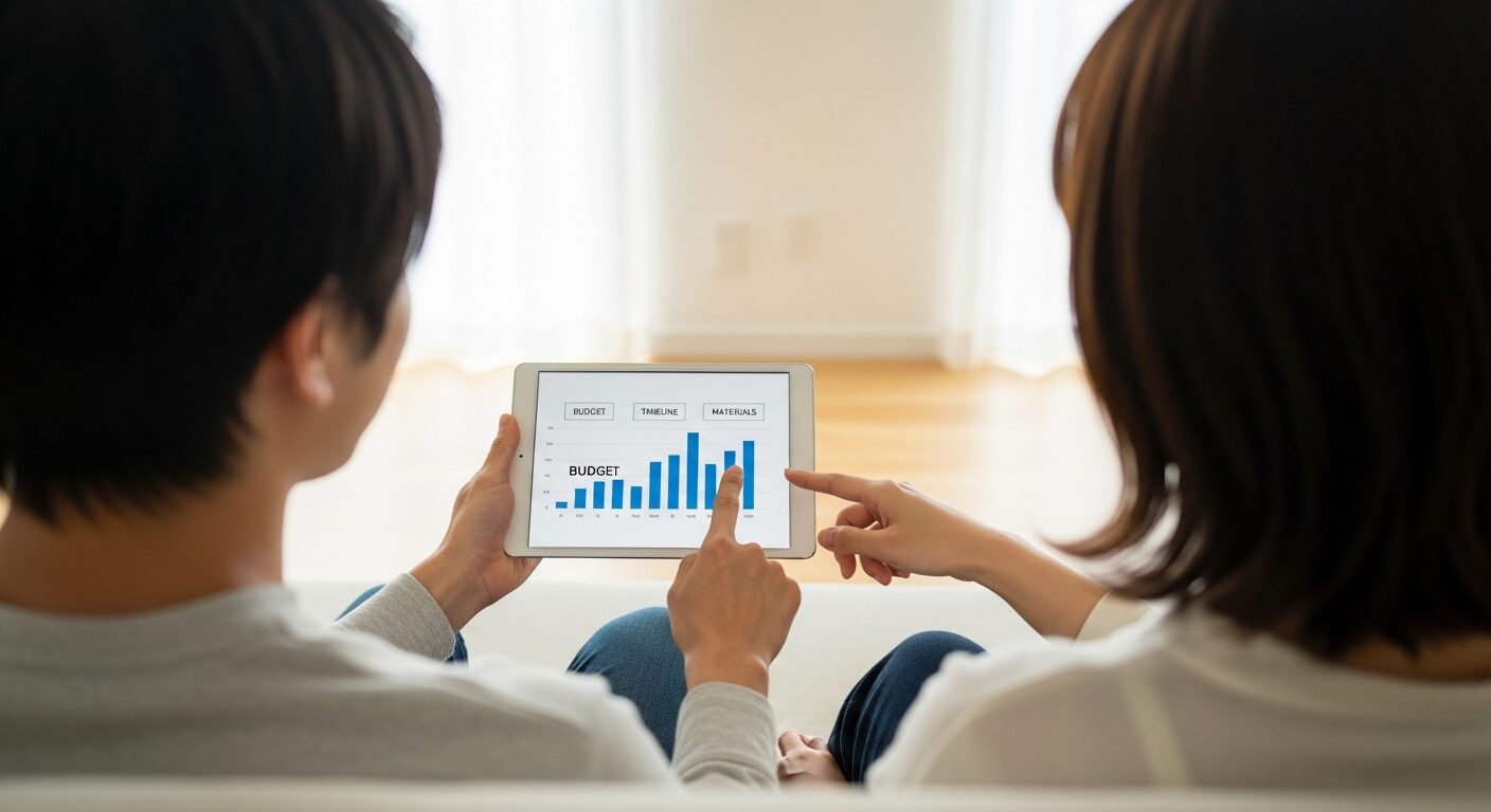 明るいリビングでタブレットのグラフを指差しながら、太陽光パネルの比較検討をする夫婦。発電効率やコスト、費用対効果を考える。