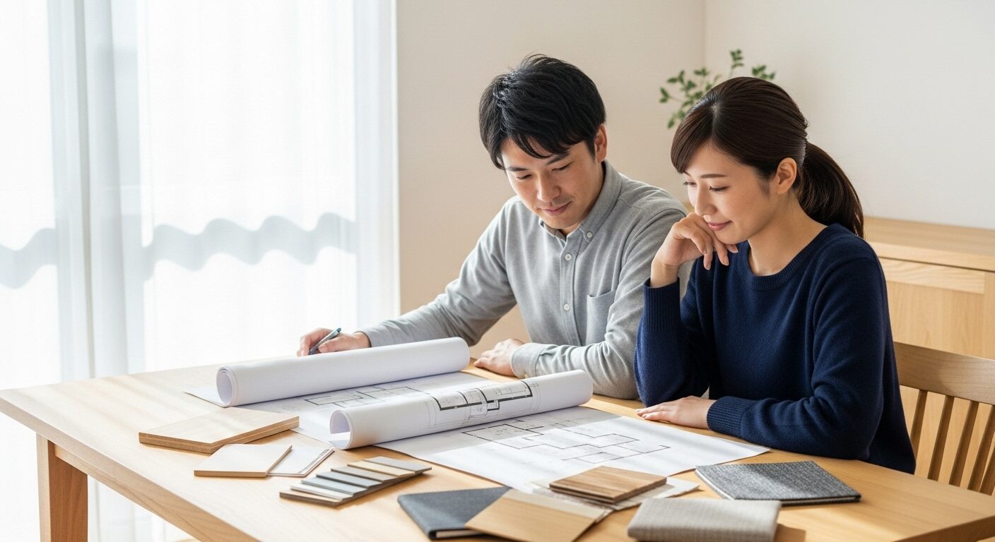 新築の家づくりで後悔しないよう、設計図や壁のサンプルを見ながら真剣に計画を立てる若い夫婦。