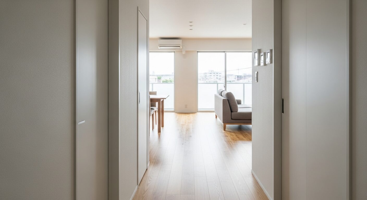 中古マンションのリノベーションで実現した、廊下から望む明るく開放的なリビングダイニング。白を基調としたモダンな内装と無垢材のフローリングが、上質で心地よい暮らしを想像させる。