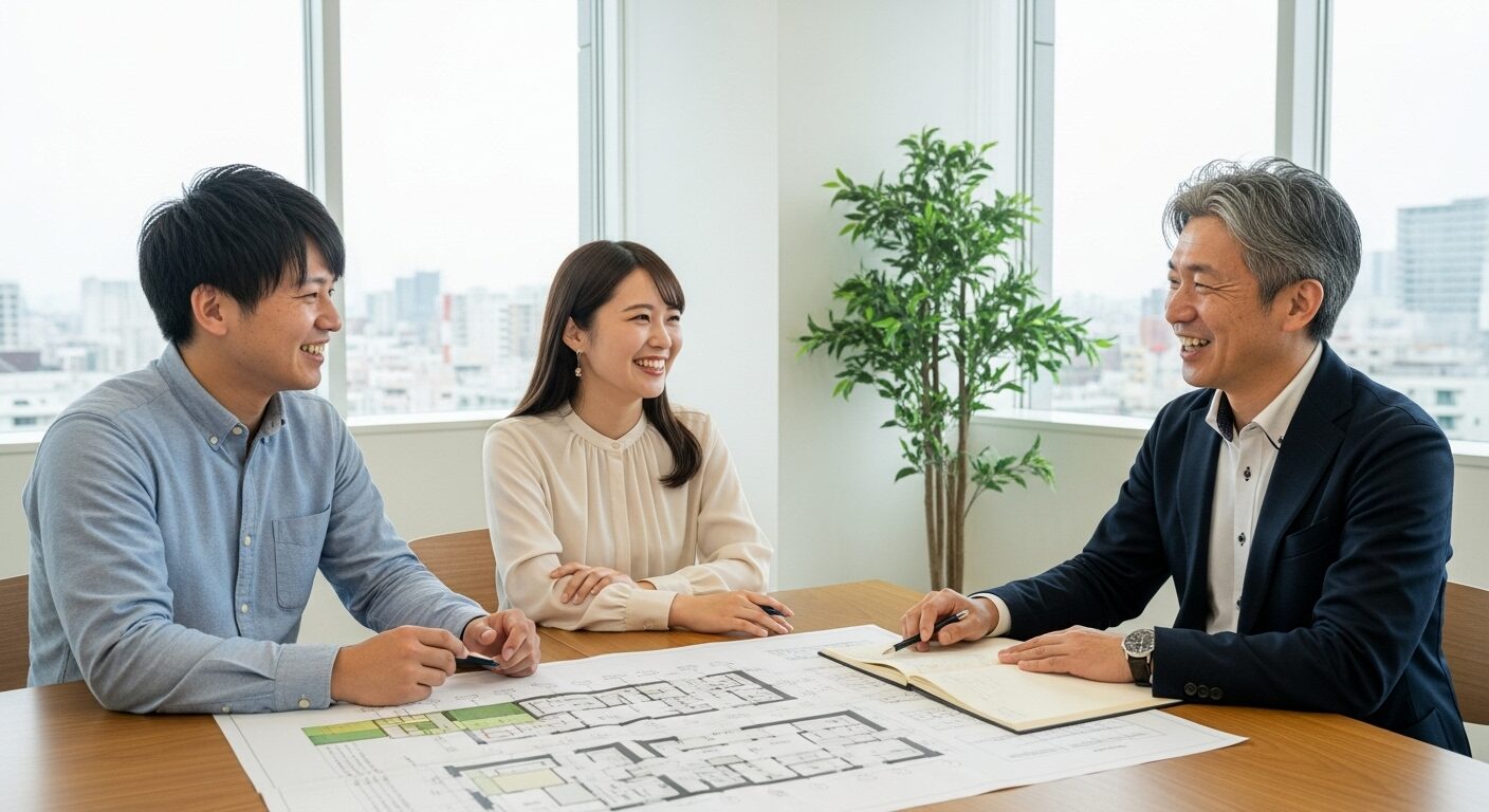 信頼できる建築士と笑顔で打ち合わせをする夫婦。家づくりの不安を解消しているイメージ