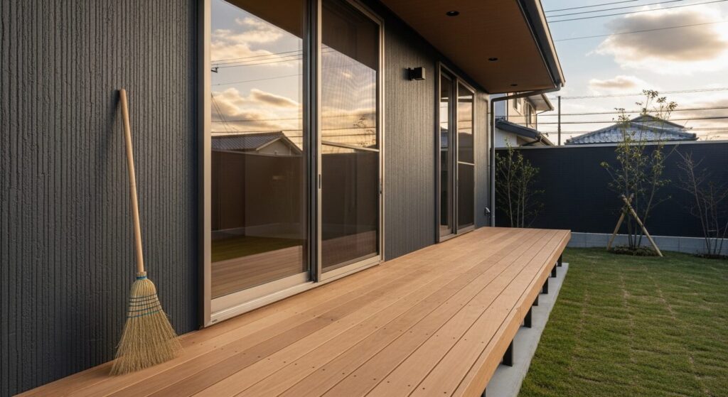 大掃除を終え、夕日に照らされたきれいなウッドデッキと立てかけられた箒