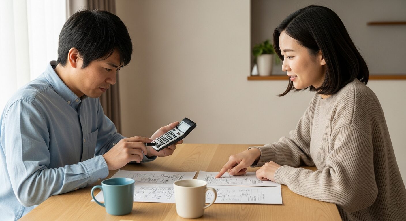中古マンションのリノベーション費用について、夫婦がテーブルで見積書を見ながら電卓を使って真剣に資金計画を立てている。