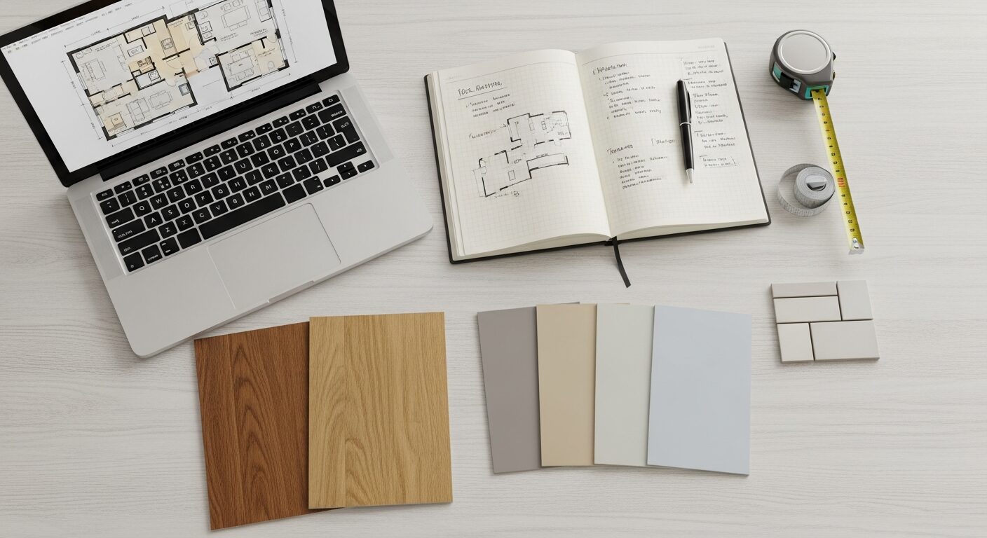 中古マンションリノベーションの計画段階。テーブルの上にノートパソコン、間取りのスケッチが描かれたノート、内装材のサンプルが整理されて置かれている。