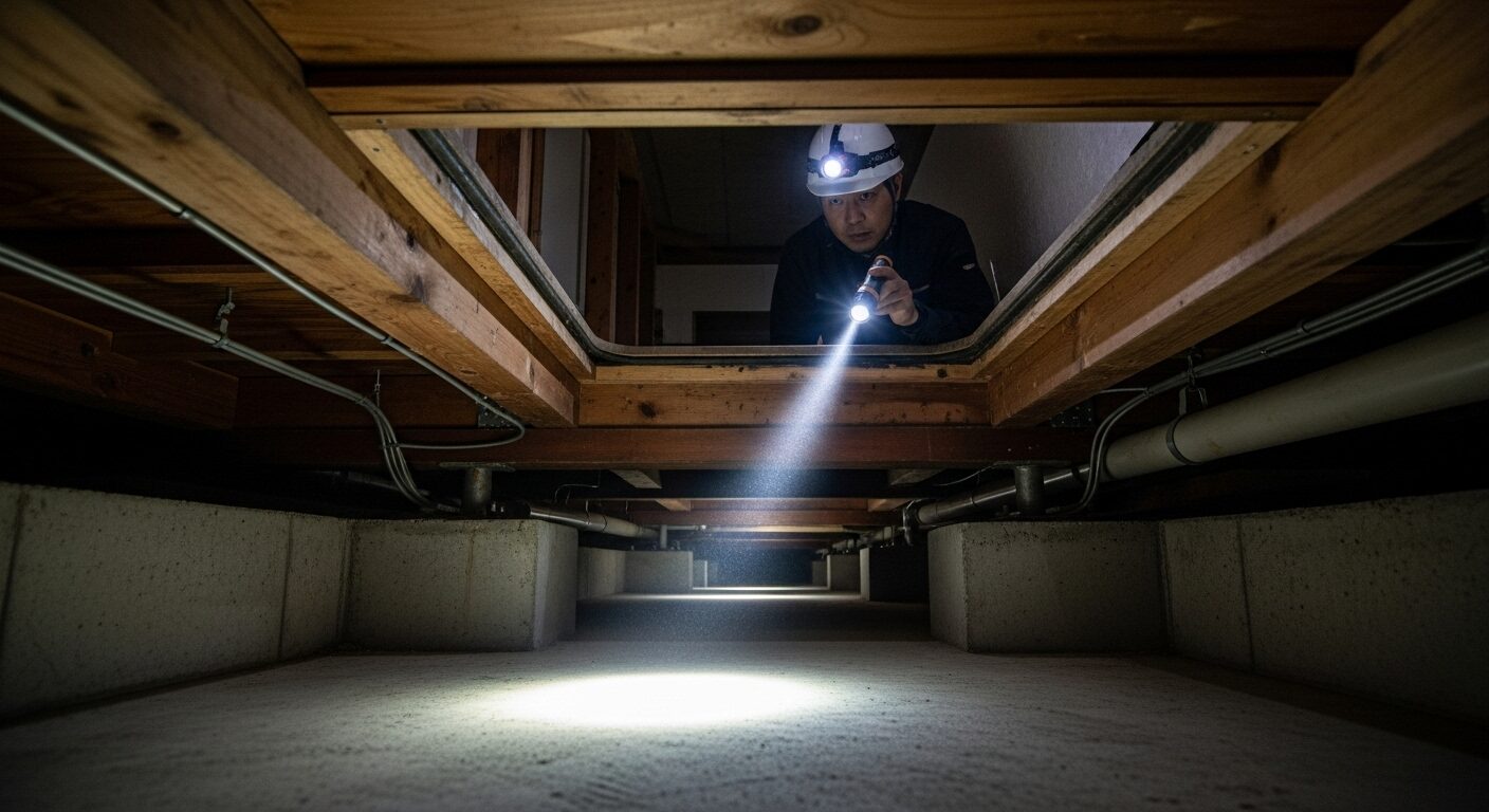 住宅の床下点検口から、懐中電灯で床下を照らして調査する専門家
