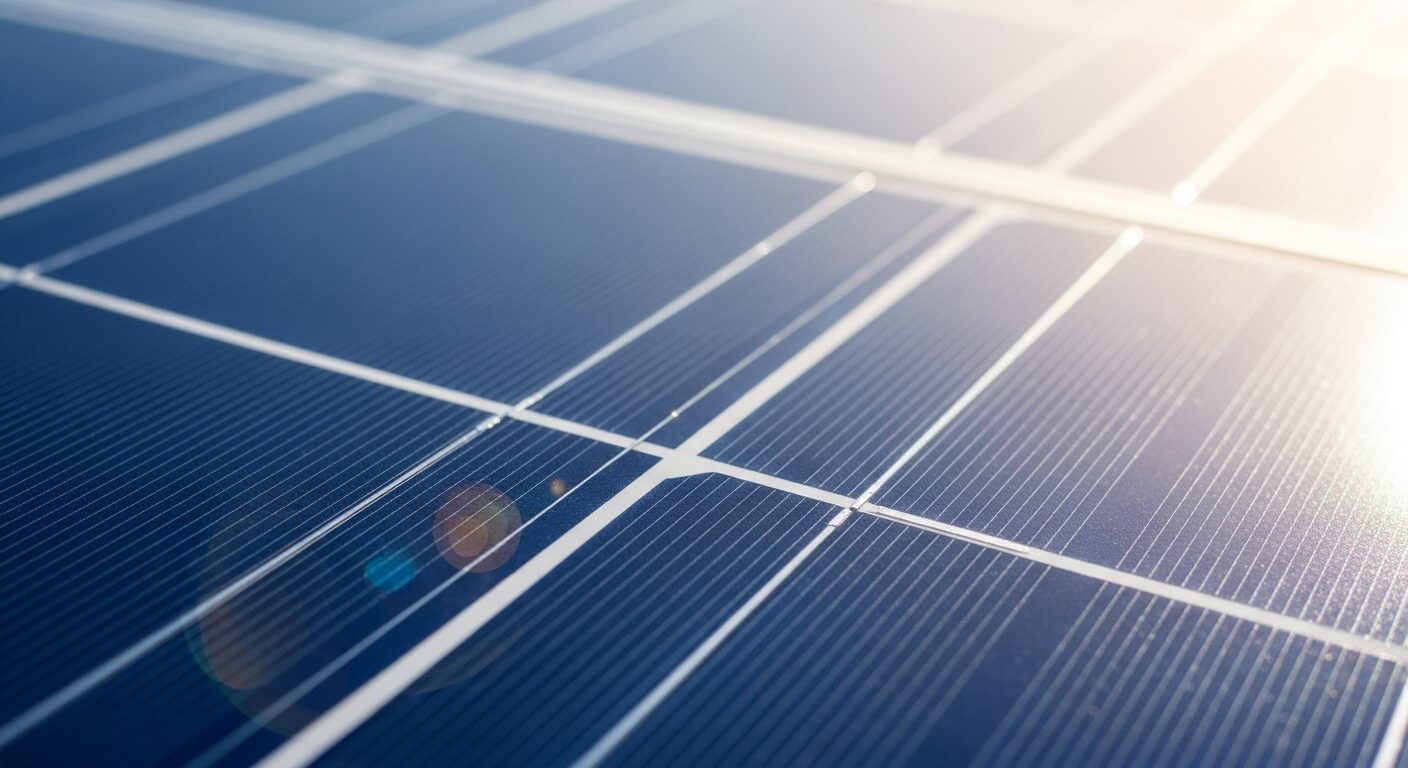 太陽光を反射する太陽光パネルの表面のクローズアップ。P型とN型の基本的な仕組みである太陽電池セルの違いを解説。