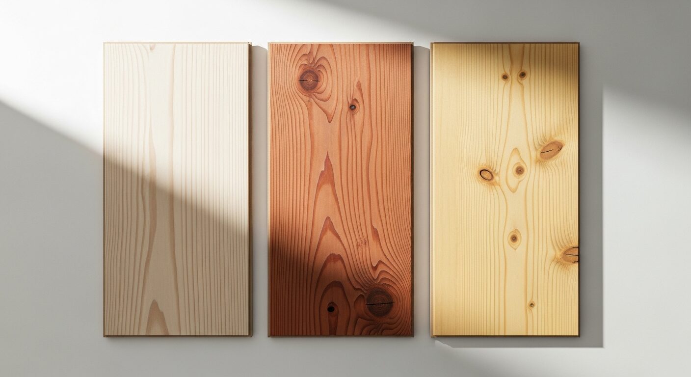 ヒノキ・スギ・パインなど異なる種類の無垢材フローリングのサンプルが並び、木材選びの参考になる画像。