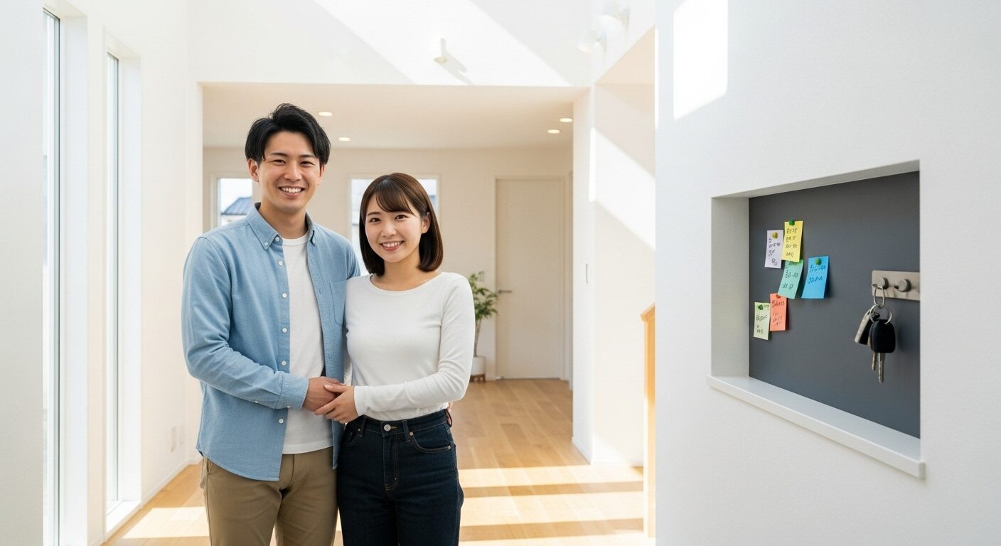新築の家づくりに成功し、玄関で満足そうな笑顔を浮かべる若い夫婦。背景には便利なマグネットウォール。