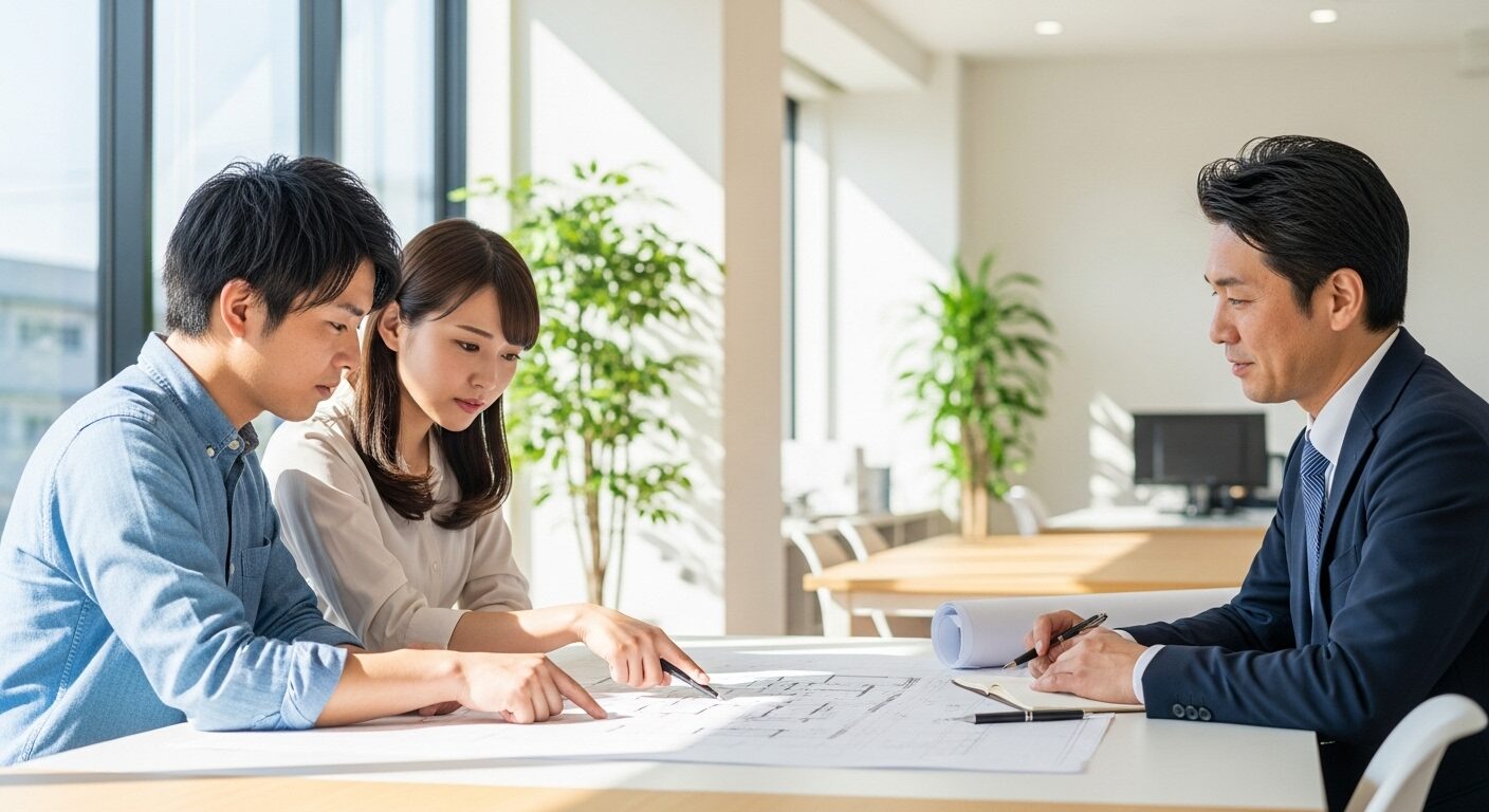 住宅の間取り図を見ながら、真剣な表情で工務店のスタッフに相談する若い夫婦