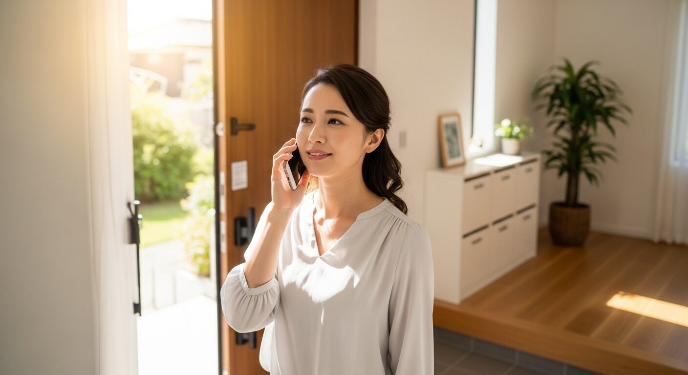 玄関先で、安心した表情でスマートフォンで専門家に電話相談している女性