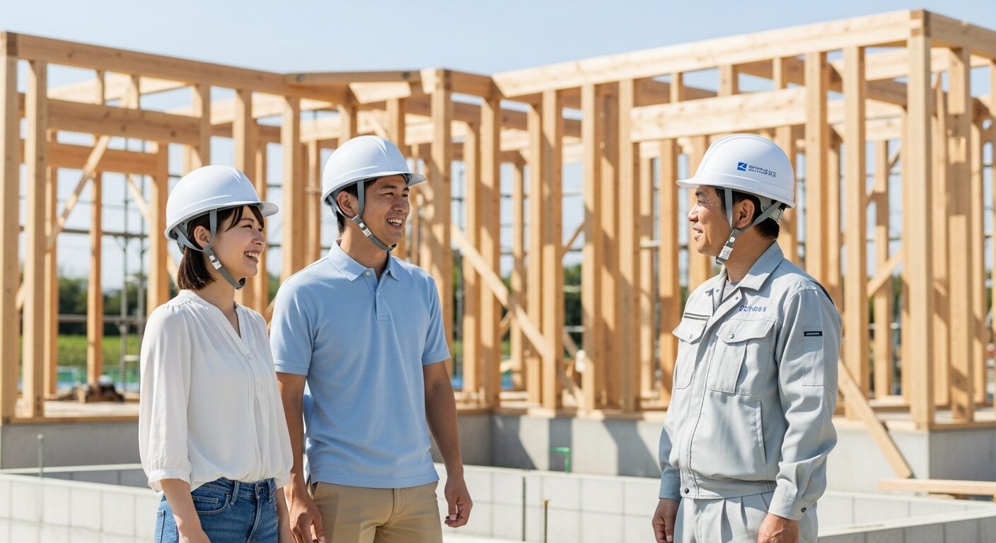 建築中の新築住宅の現場で、工務店のスタッフと笑顔で話す若い夫婦