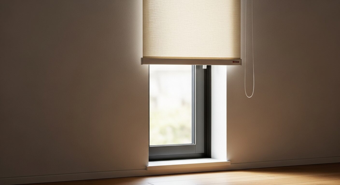 寝室のスリット窓に設置されたロールスクリーンとプライバシーを守る目隠しの様子