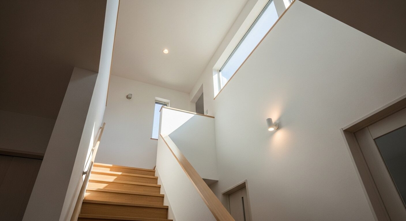 吹き抜け階段に設置されたハイサイドライト(高窓)から光が差し込みプライバシーを守りながら採光する様子