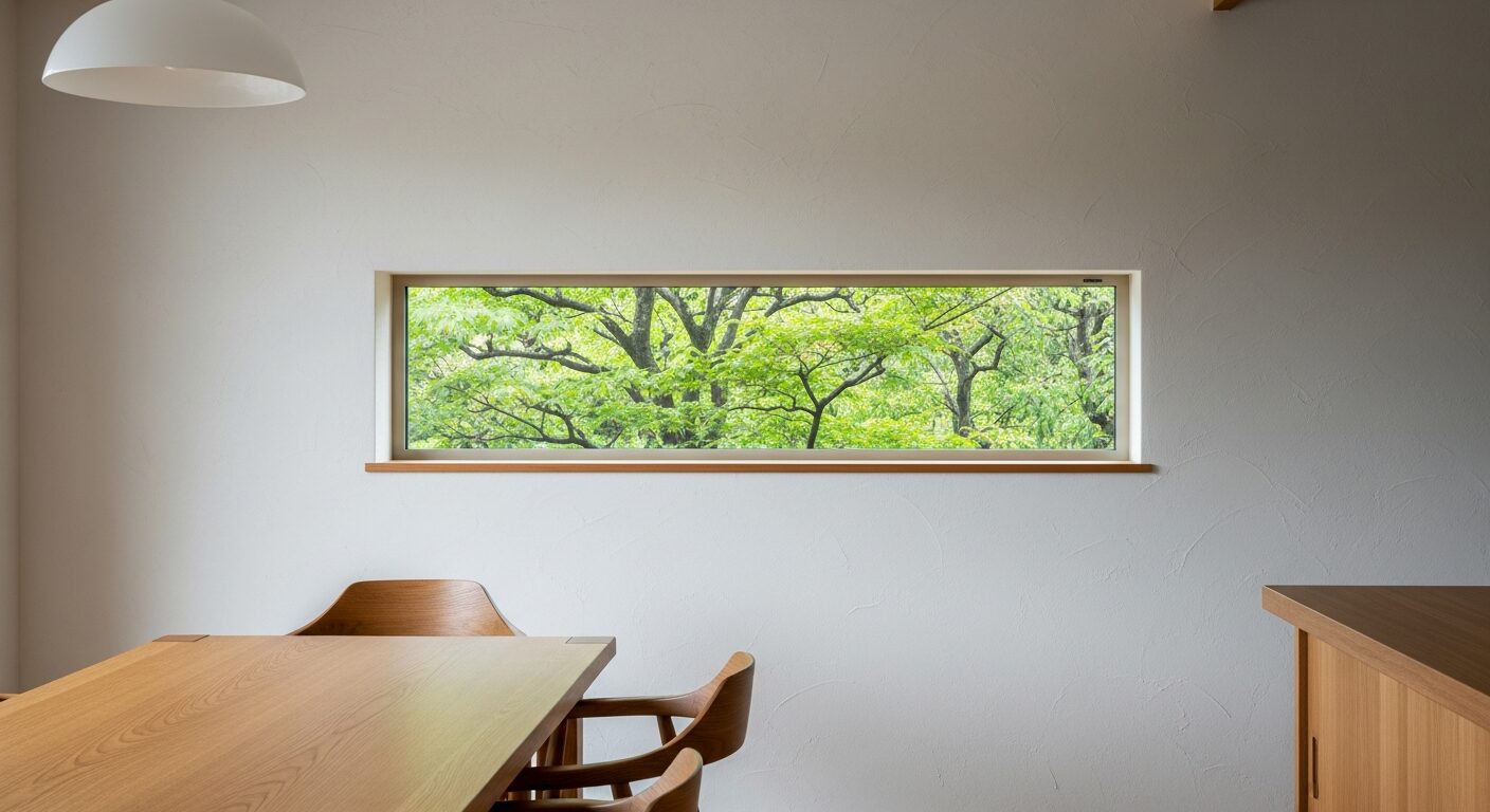 ダイニングの目線の高さに配置されたピクチャーウィンドウ。食事中も自然の景色を楽しめるバイオフィリックデザインの窓配置