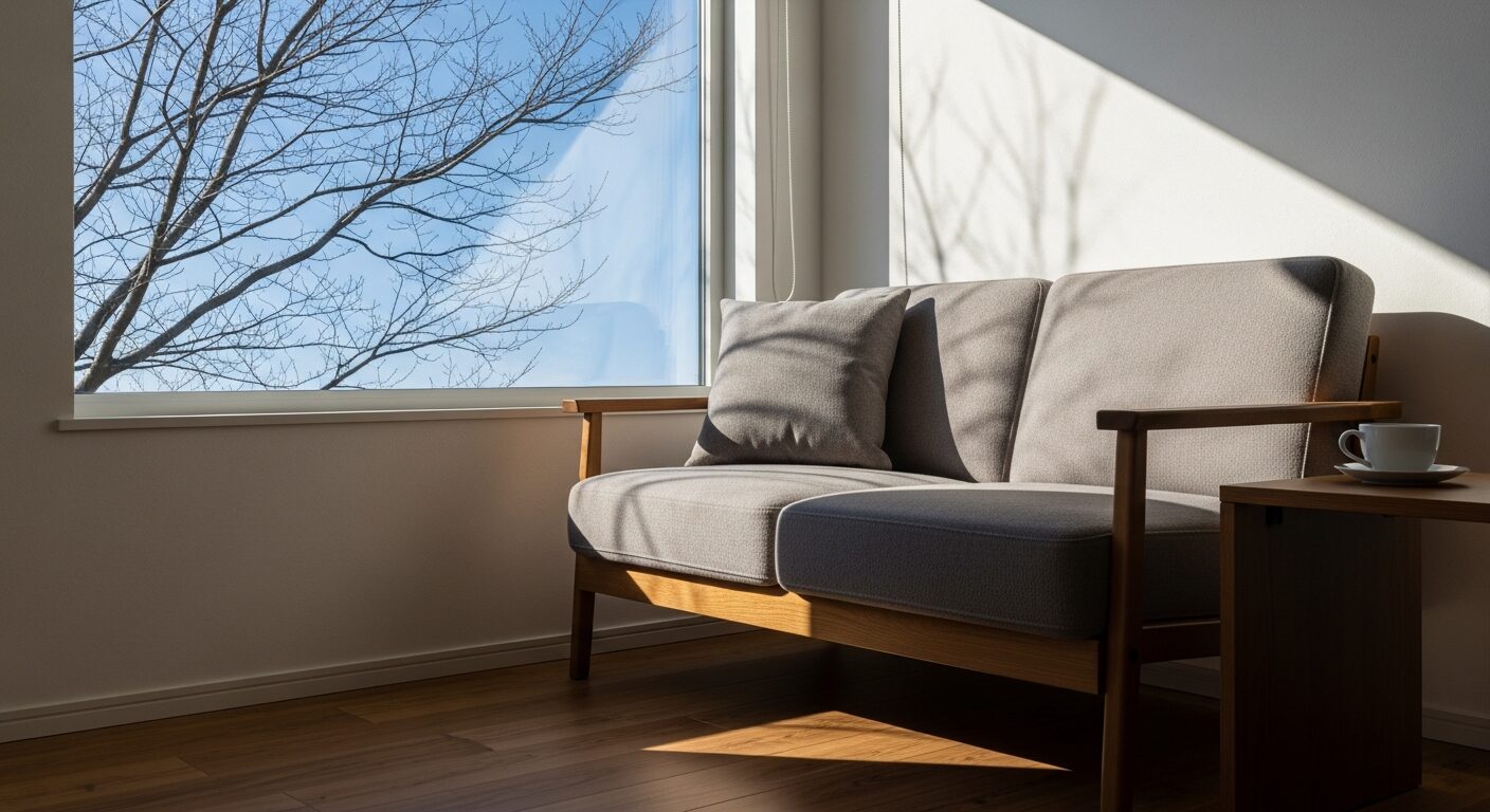 窓辺でリラックスできるバイオフィリックデザインの空間。自然光と外の景色がストレスを軽減しウェルビーイングを高める