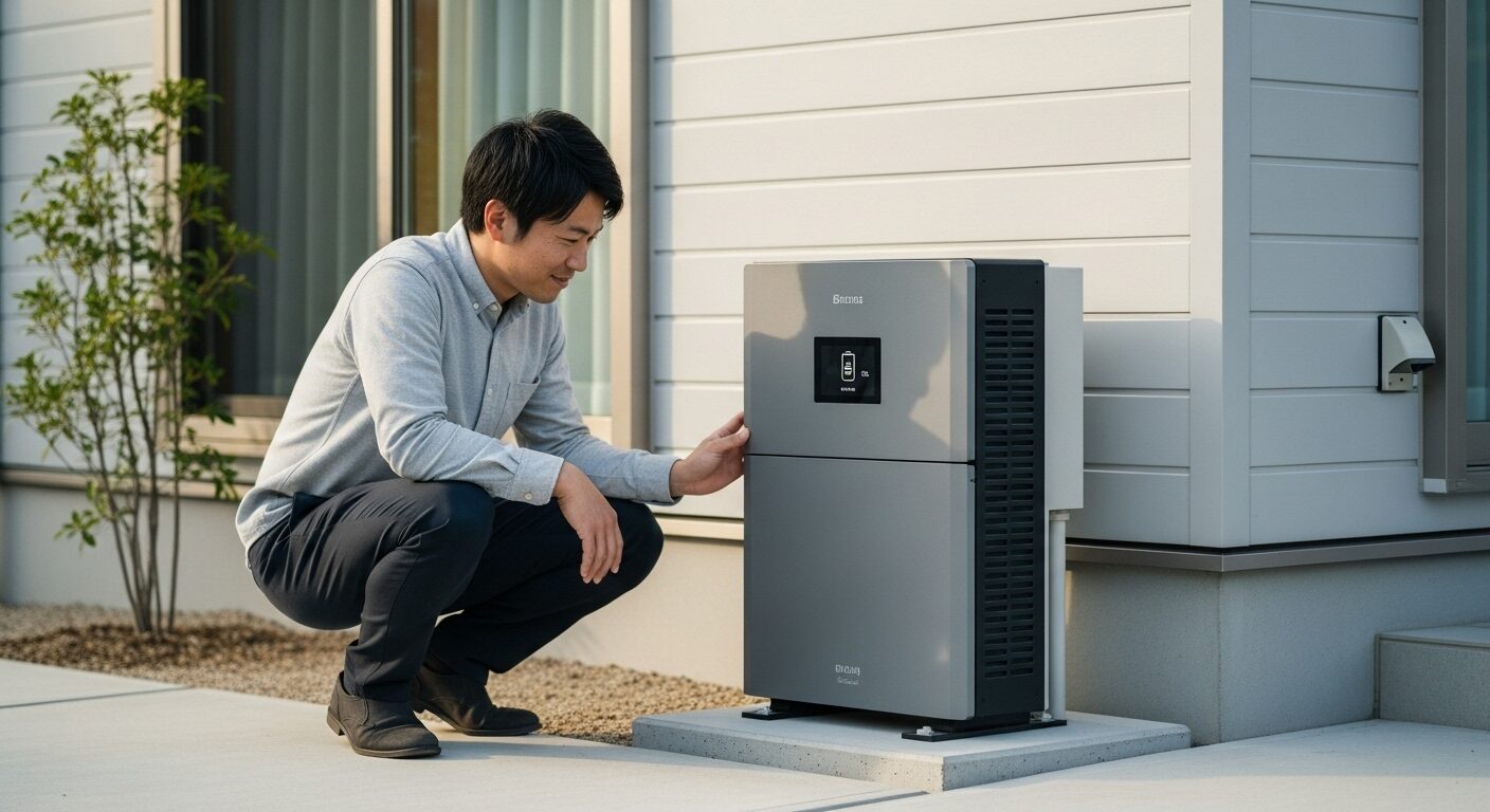 自宅の屋外に設置された家庭用蓄電池を、満足そうに確認する男性。後悔しない製品選びと、導入後の安心できる暮らしを象徴しています
