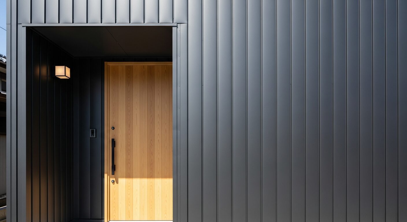 デザイン性と機能性を兼ね備えた、アルミサイディングの黒い外壁と木目調ドアのコントラストが美しい玄関ポーチ