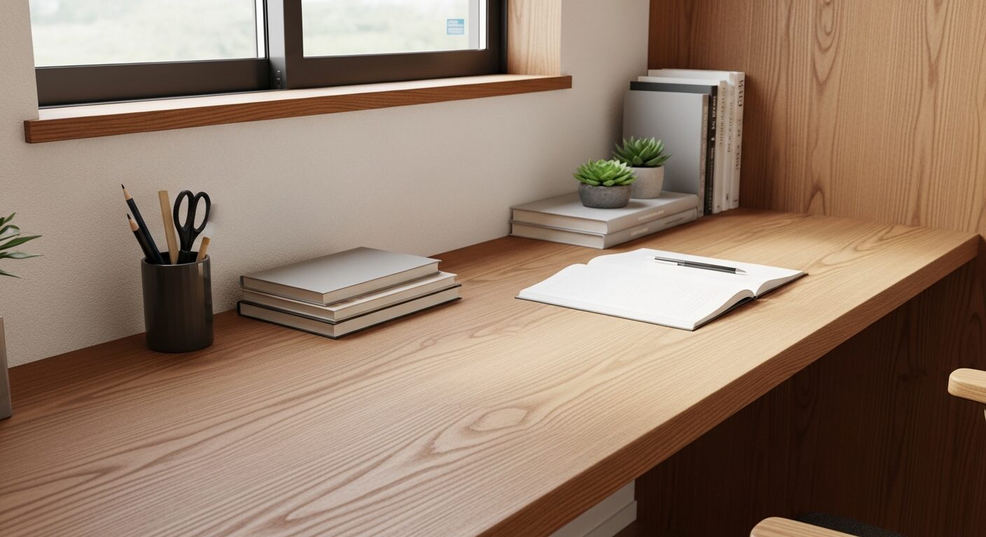 子どもの集中力を高める木製のスタディコーナー。自然素材と適切な採光が学習効率を向上させる