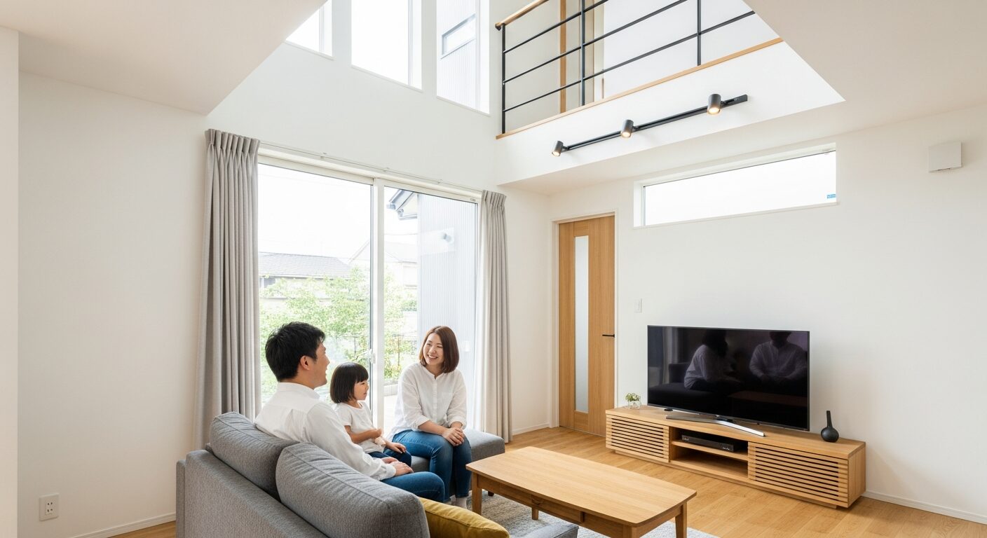 吹き抜けのある明るいリビングでくつろぐ3人家族。自然光に包まれながらソファで談笑しており、2階とのつながりを感じさせる温かい家族団らんの様子。