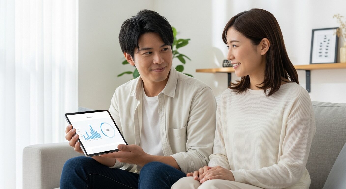 明るいリビングのソファで、若い夫婦がタブレットを見ながら微笑んでいる。太陽光発電と蓄電池でエネルギーを管理する、賢い暮らしを表現しています