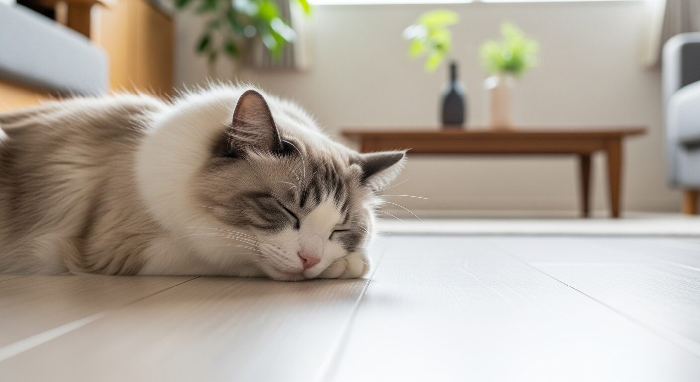 全館空調の快適な室温でリラックスして眠るペットと清潔な室内