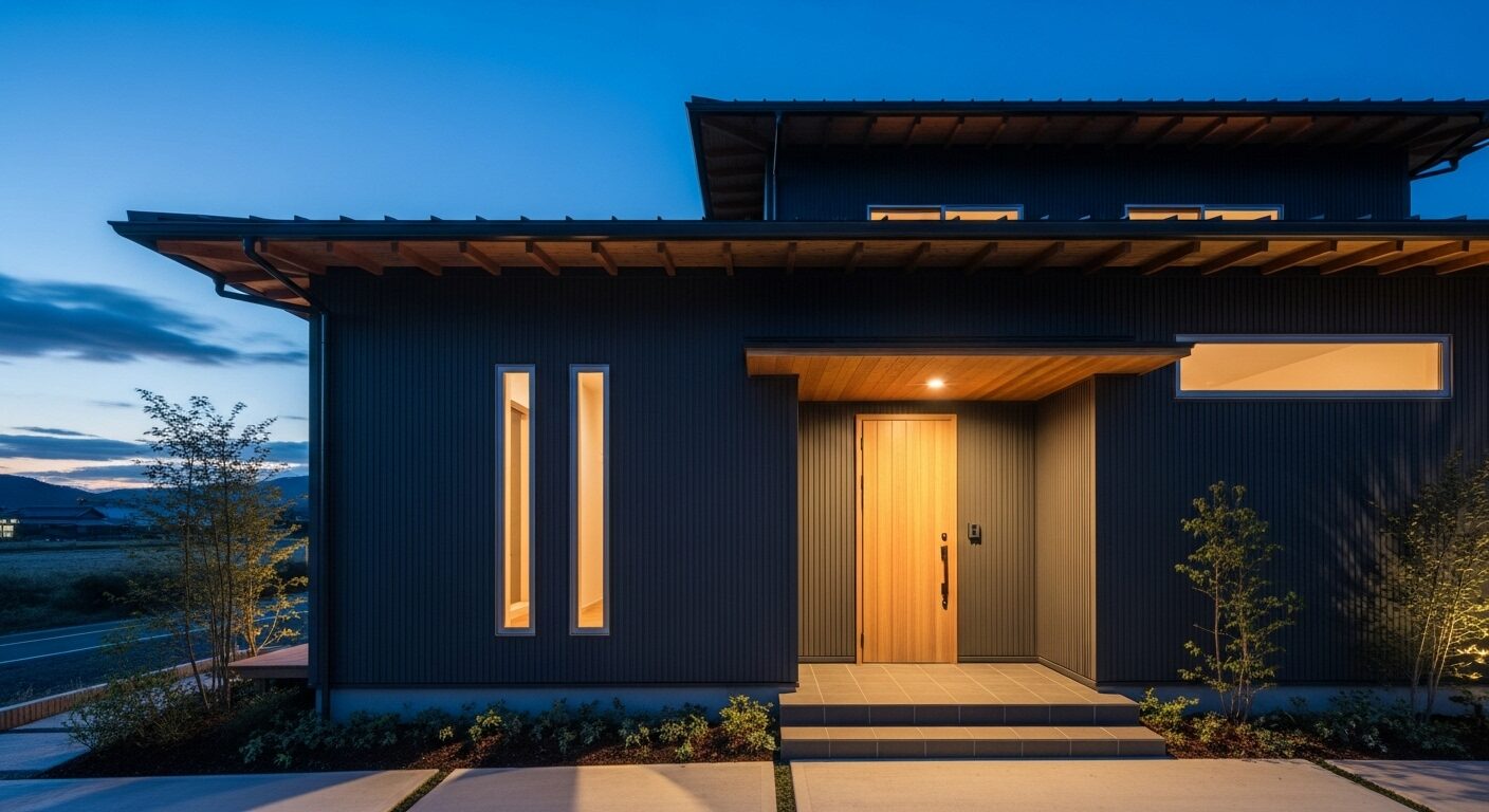 玄関横にスリット窓を配置したおしゃれなモダン住宅の外観デザイン