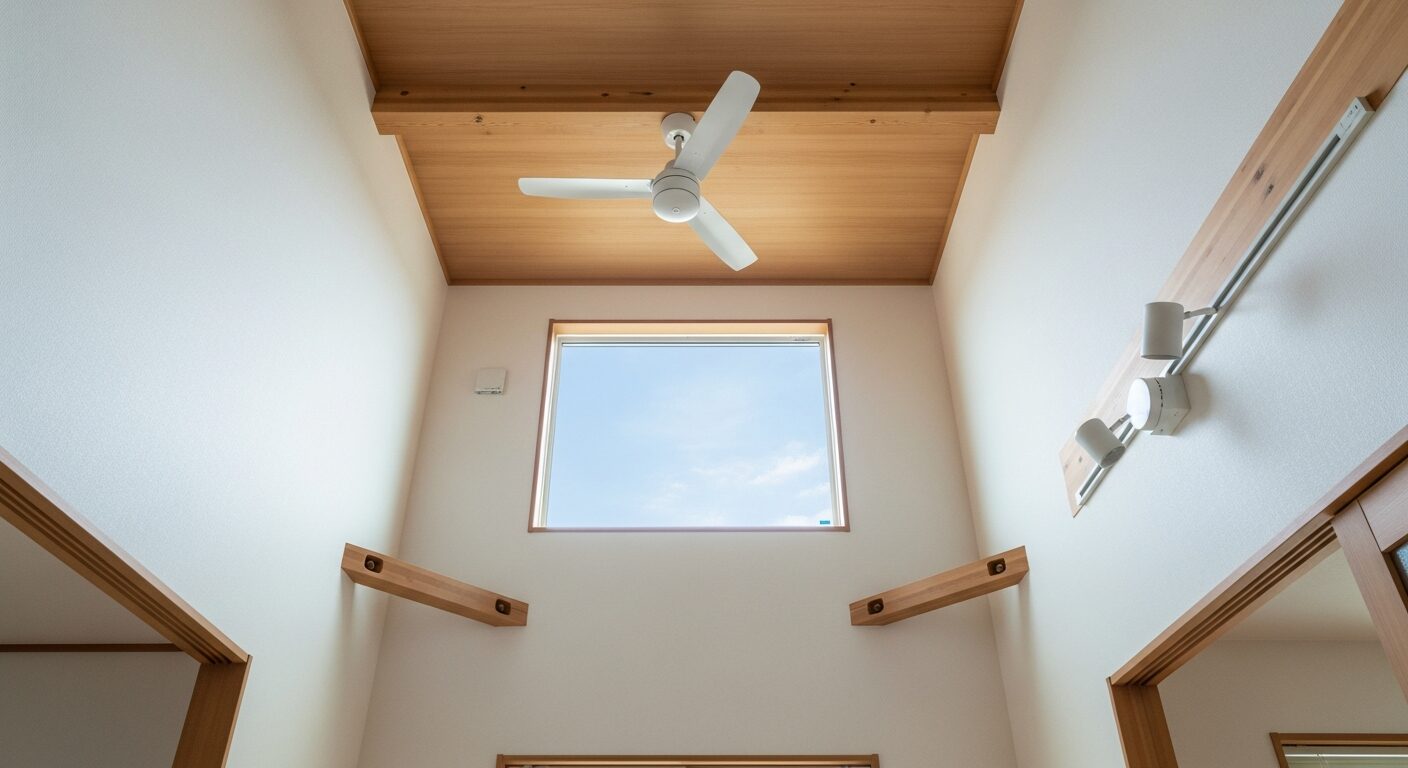 吹き抜けの天井を見上げた様子。片側の壁に設置された高窓から青空と光が入り、天井にはシーリングファンと木製の梁が見える、シンプルで機能的なデザイン。