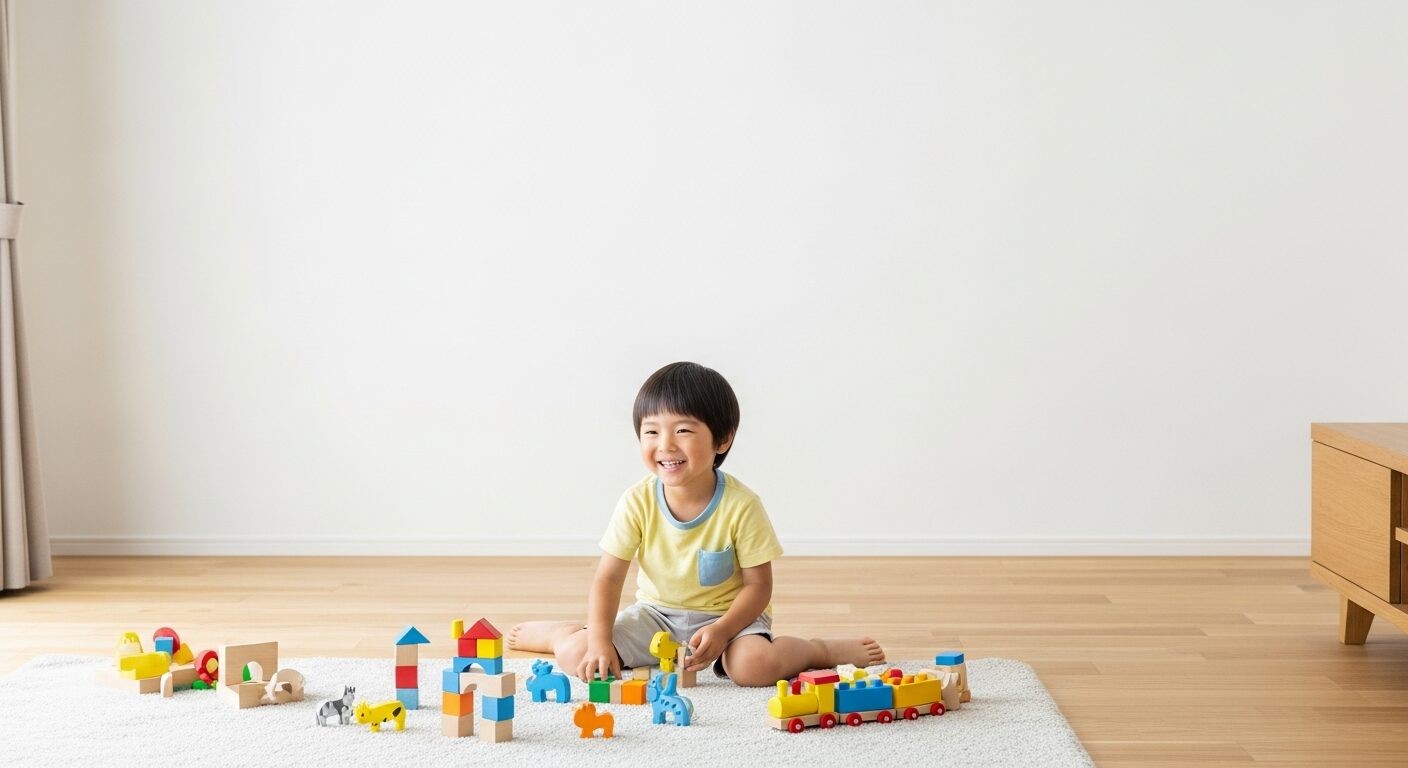 全館空調で足元まで暖かいリビングで元気に遊ぶ子供