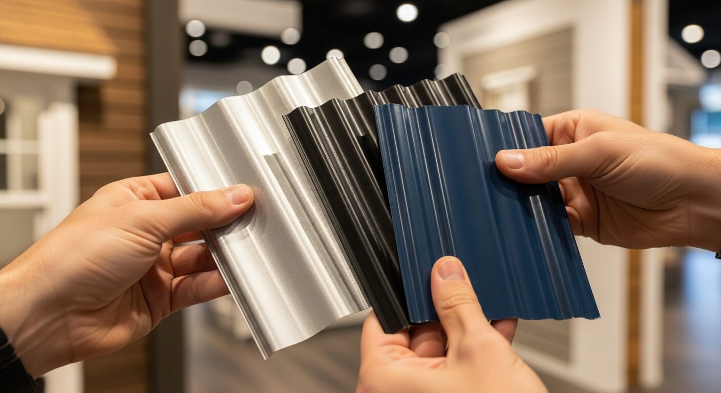 自分たちのライフスタイルや予算に合わせて、外壁材（ガルバリウム・アルミ）の色や素材を選んでいる様子