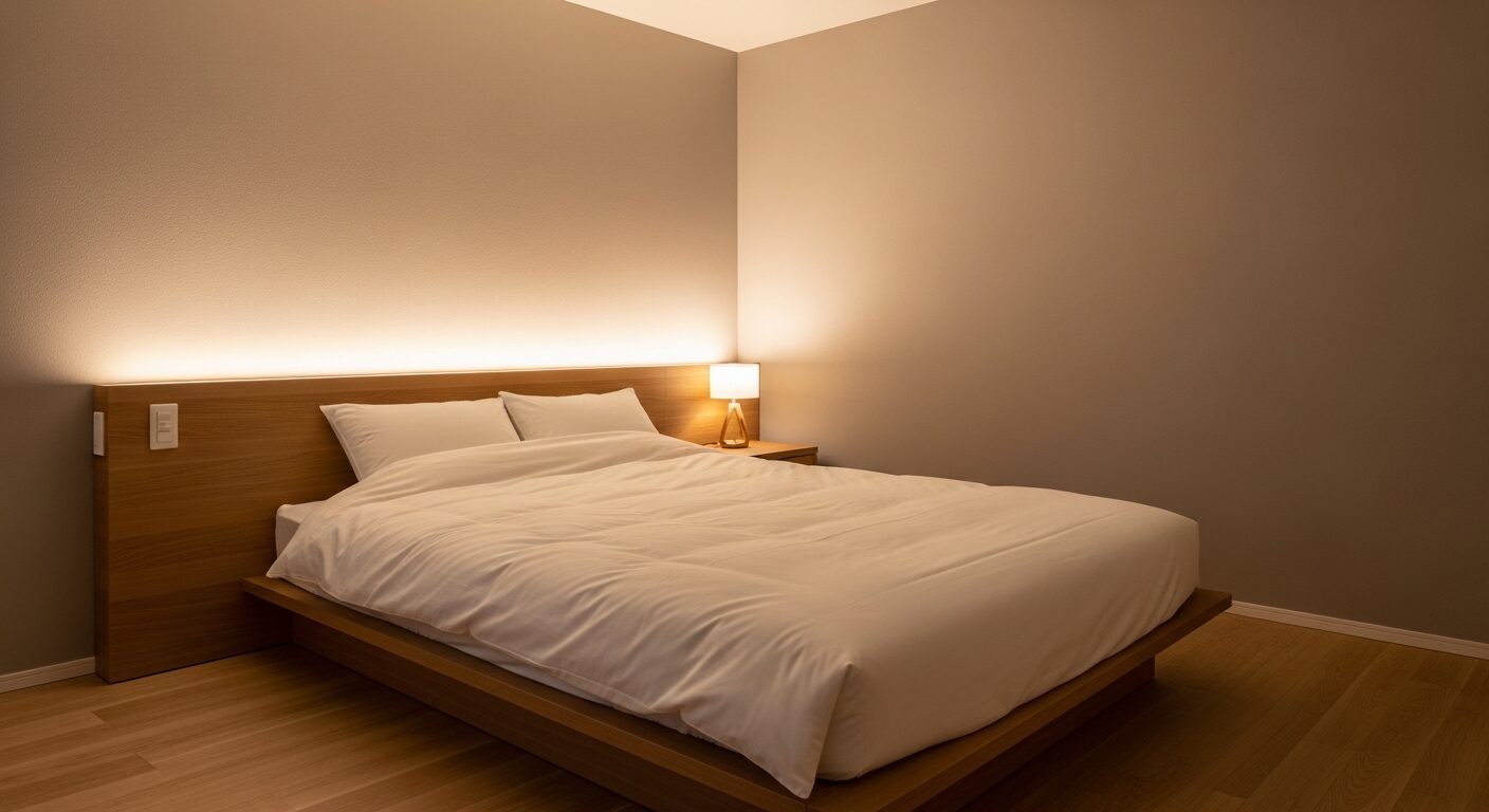 ヘッドボードの間接照明のみで明るさを抑えた寝室。光の重心を下げた「隠れ家」のような空間が、深い眠りへ誘う