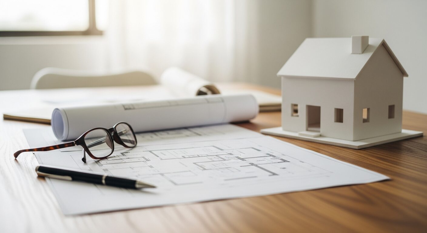 打ち合わせテーブルの上に広げられた住宅の間取り図面と、白い家の模型。家づくりの計画や相談を行っている様子。