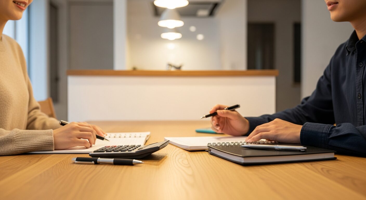 ダイニングテーブルで家づくりの費用や予算について話し合う夫婦の手元。電卓を使い、照明の初期費用とランニングコストを比較検討している。