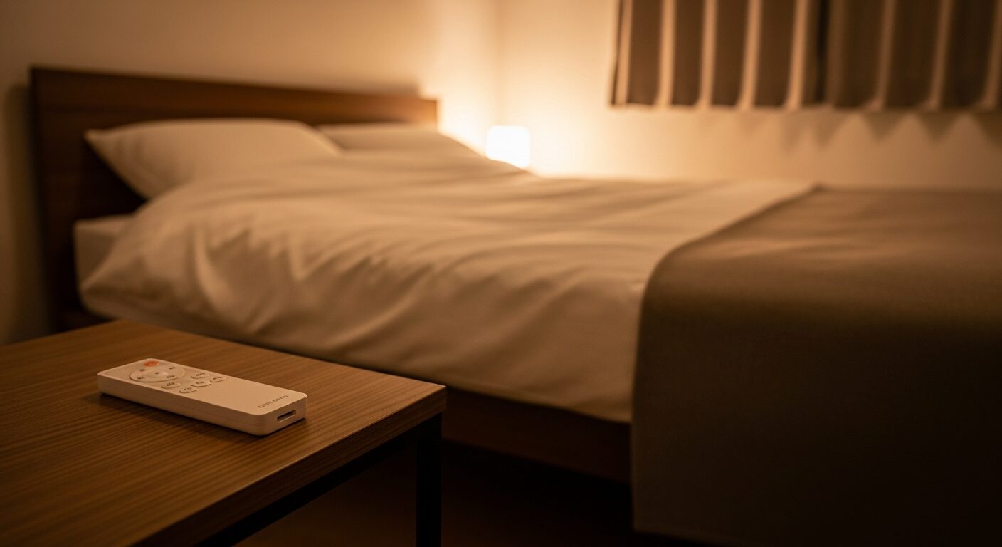 寝室のサイドテーブルに置かれた照明用リモコンとリラックスできる間接照明の空間