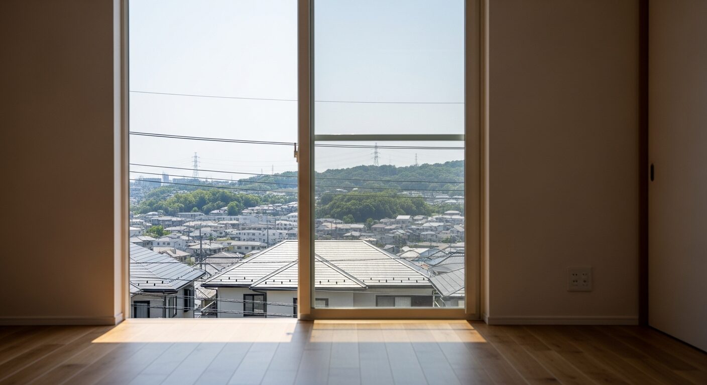 高台にある家のリビングの窓から見下ろす、住宅街の屋根が連なる横浜らしい眺望。