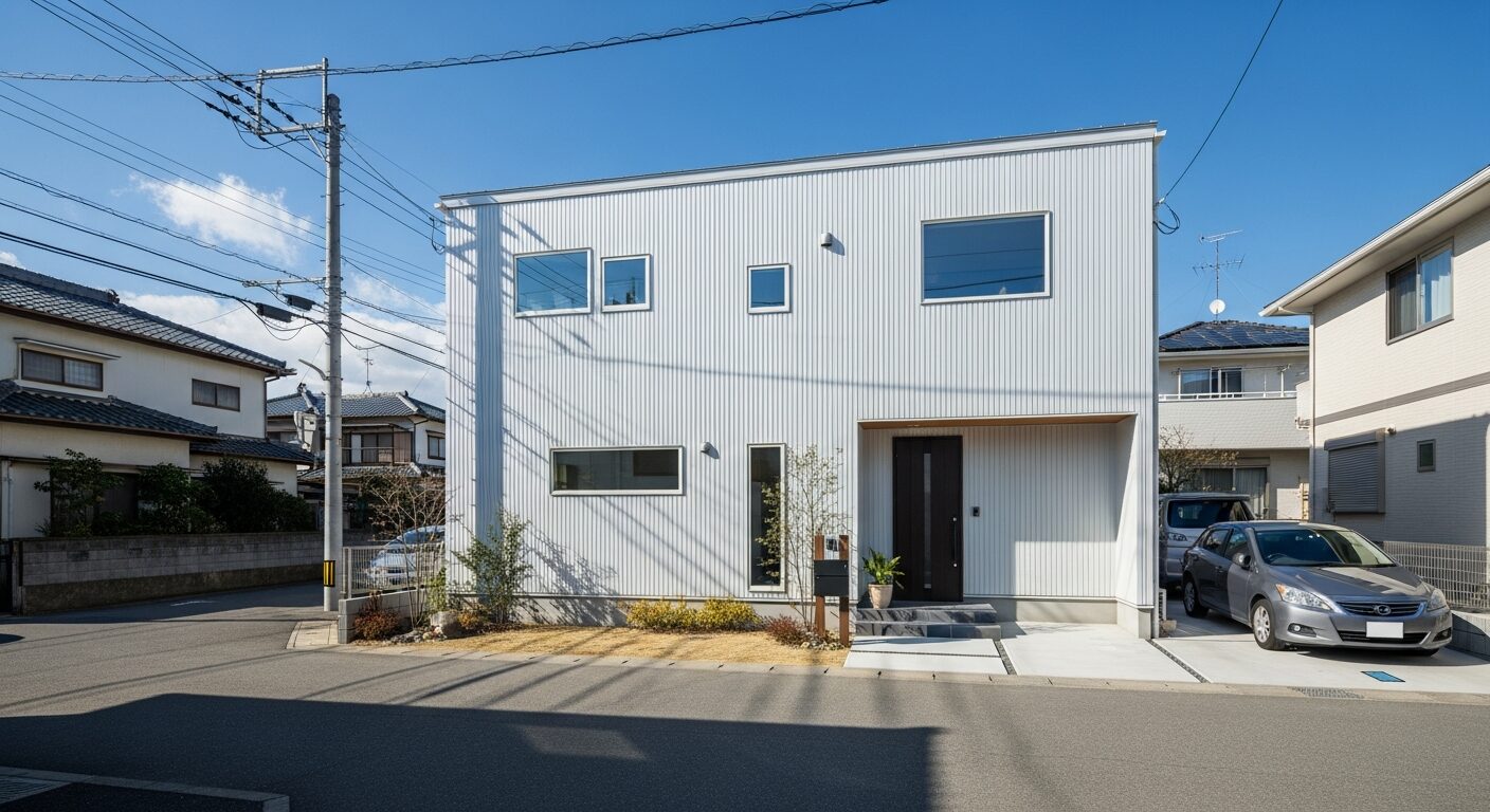 塩害に強いアルミサイディングを採用した、日当たりの良い白い外壁のモダンな一戸建て