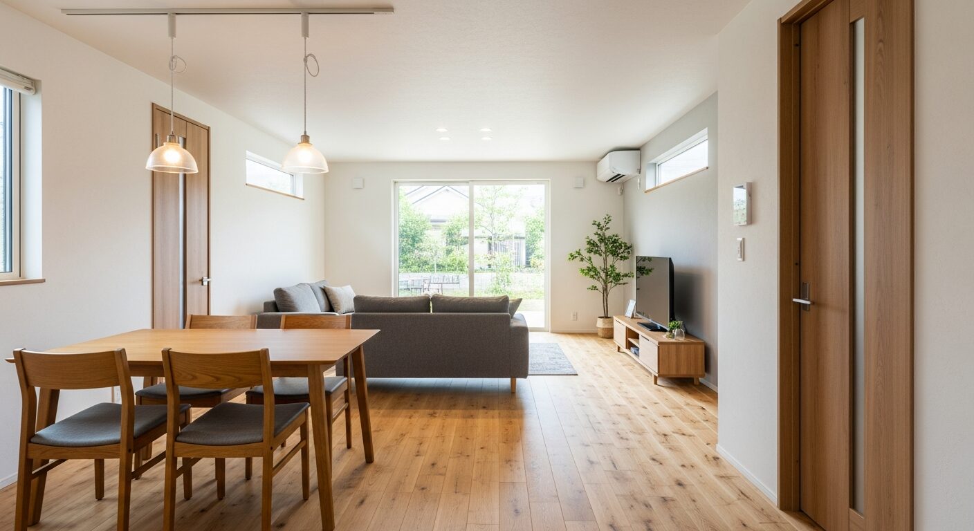 ダイニングの奥にリビングと庭への窓が続く、戸建て住宅の「縦長LDK」。奥行きがあり、壁面を活かした家具配置ができる標準的な間取り。