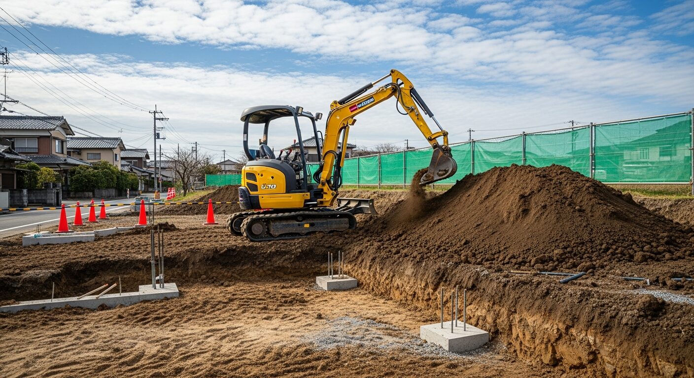 住宅地で行われている造成工事の様子。重機を使って傾斜地を整備している現場。