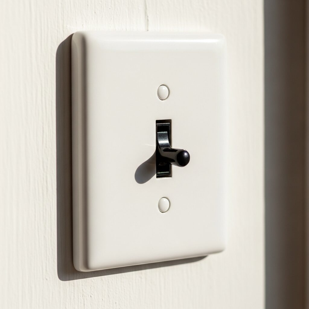 白い塗り壁に設置された陶器製プレートのおしゃれなアメリカンスイッチ