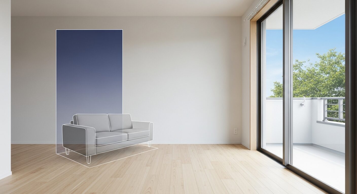 新築住宅のリビングで、ARグラスの機能を使って仮想のソファを配置し、壁紙の色を変更するシミュレーションを行っている視界のイメージ