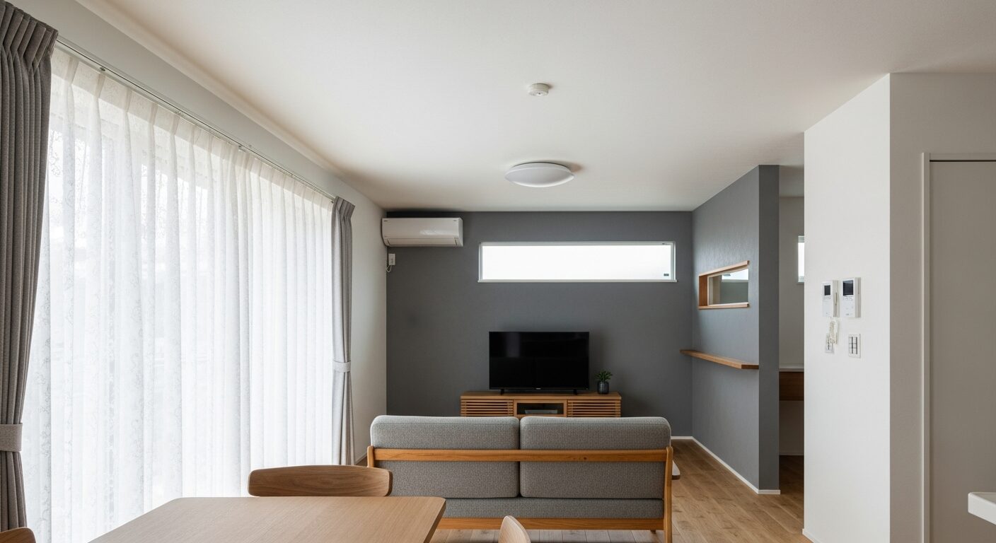 余計な設備や照明を省き、すっきりと整えられた横長LDK。レースカーテンから入る光とシンプルな内装が調和した、広々と感じるリビングダイニング。