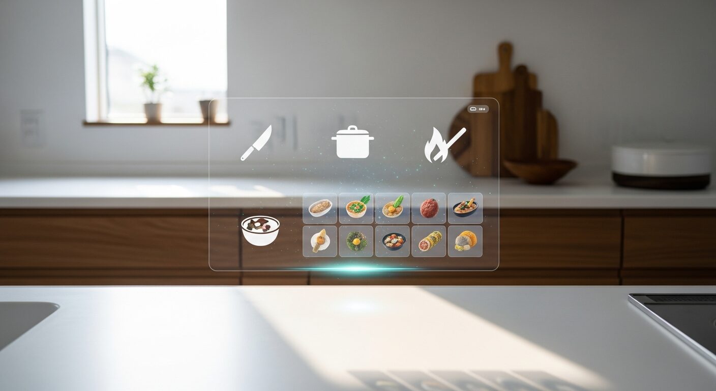 日本の現代的な対面キッチンで、ARグラスを通して空中に浮かぶ料理レシピのホログラムアイコンを見ている主観視点の様子